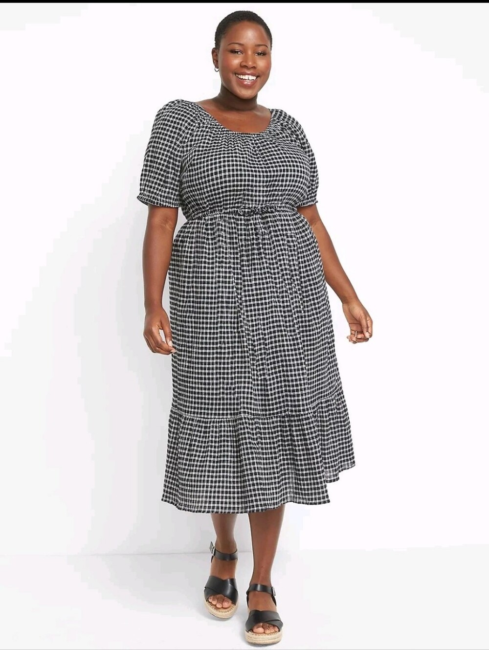 Lane Bryant Perfect Sleeve Tiered Midi Dress Black White Gingham Size 22 - Picture 2 of 10
